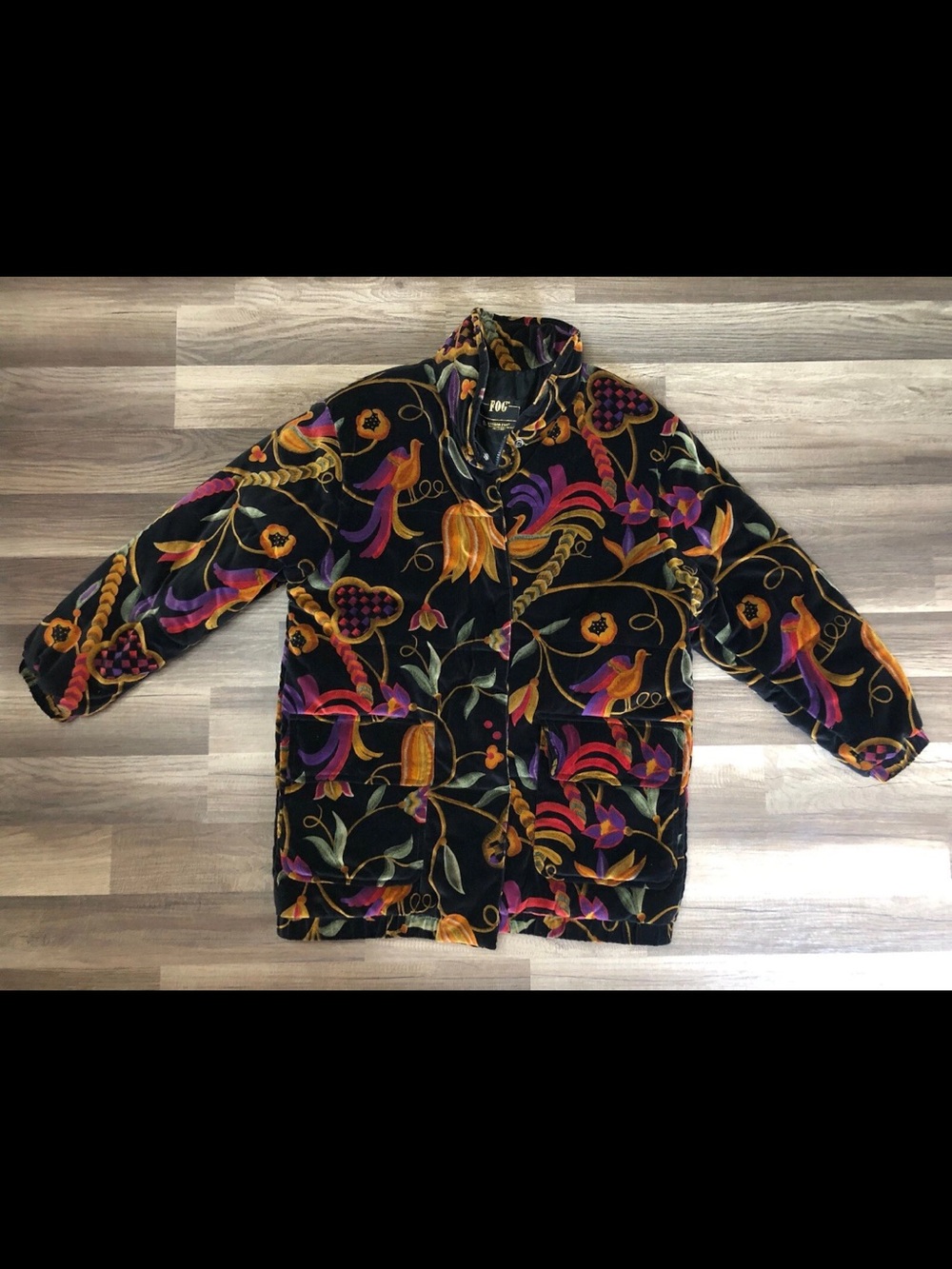 Rare Vintage London Fog Long Jacket Coat Velvet Floral Bird Designer Womens Med